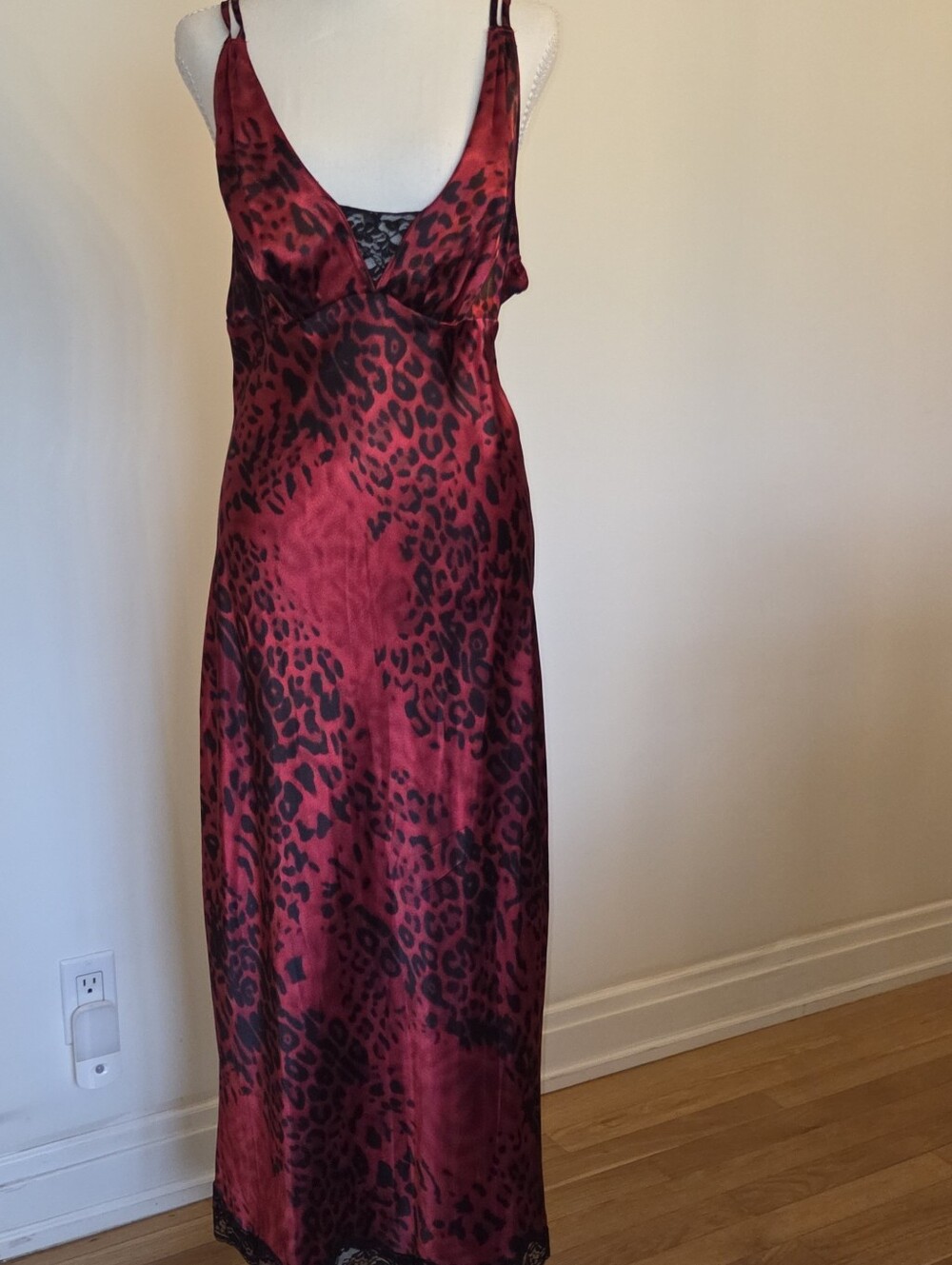 Red Leopard-Print Satin Slip Chemise with Lace Detail